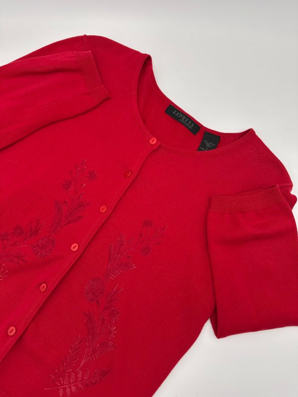 Vintage Express Women's Embroidered Front Button Up Cardigan Sweater Size L, Red